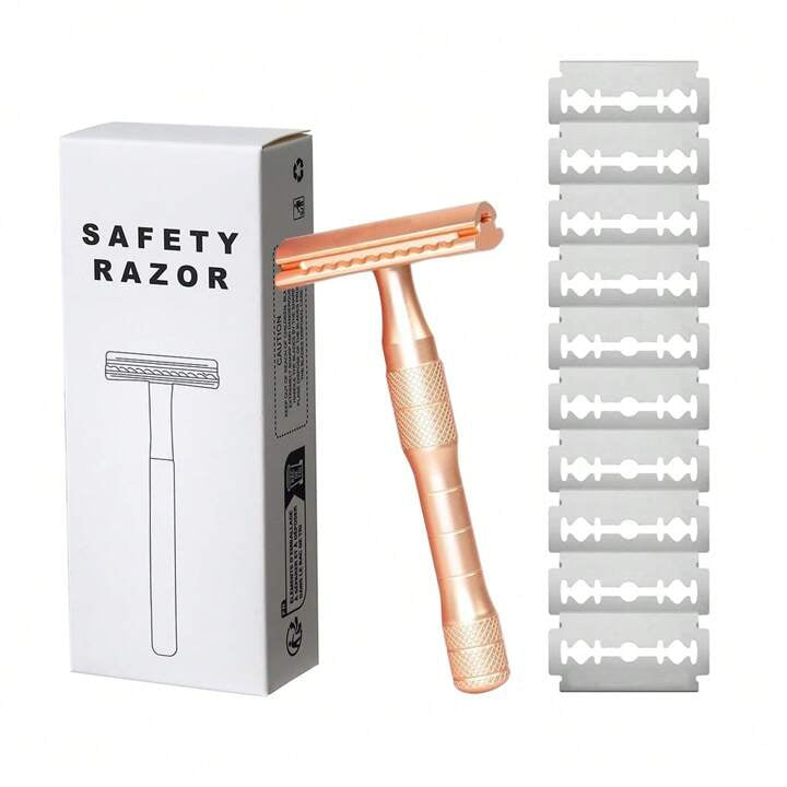 Razor With 10 Double Edge Blades Single Blade Metal Razors For Women & Men For Body & Face & Reusable Shaver (1pc)
