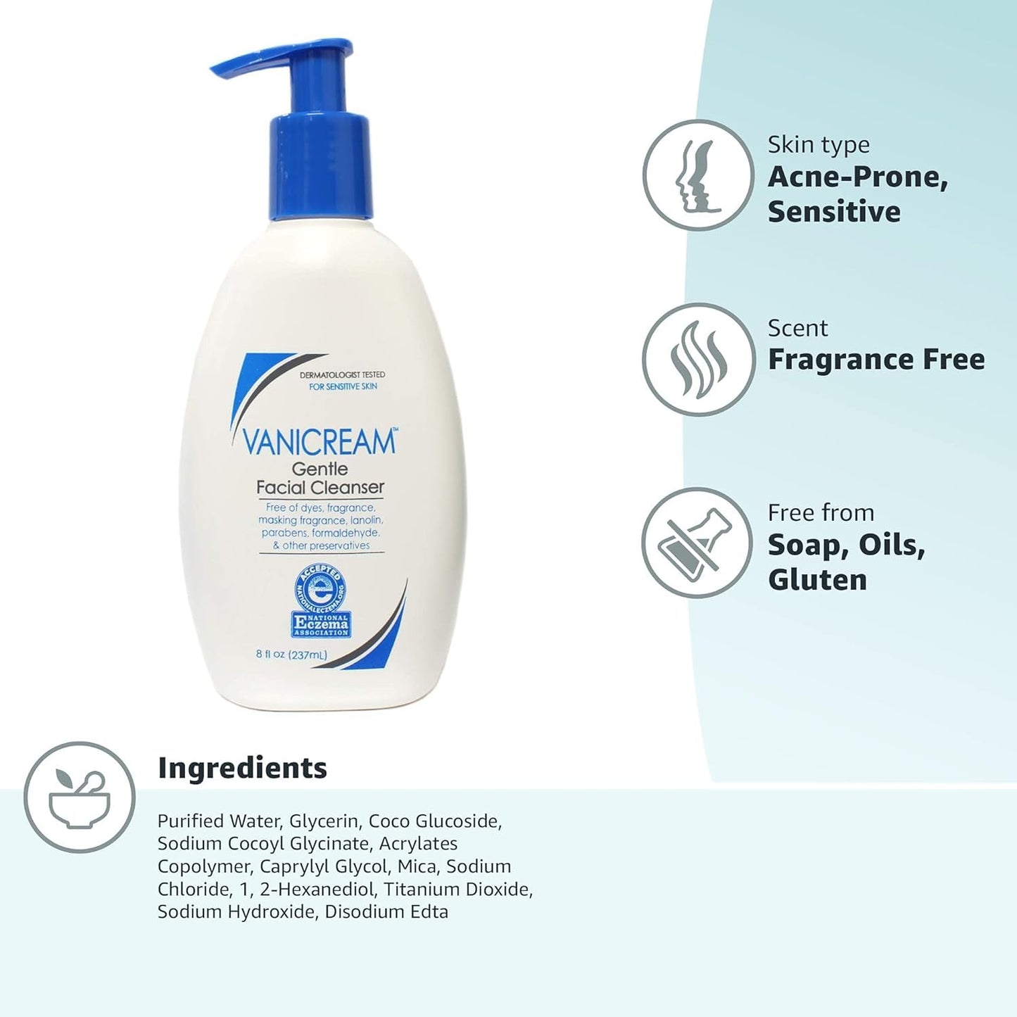 Vanicream Gentle Facial Cleanser For Sensitive Skin, Fragrance Free (237ml)