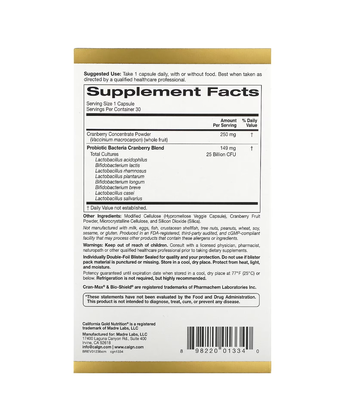 California Gold Nutrition
CranMax® LactoBif Probiotics 25 Billion CFU (30Veggie Capsules)