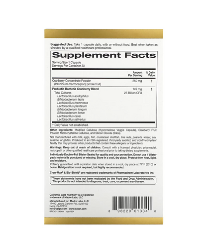 California Gold Nutrition
CranMax® LactoBif Probiotics 25 Billion CFU (30Veggie Capsules)