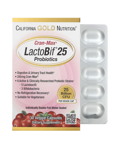 California Gold Nutrition
CranMax® LactoBif Probiotics 25 Billion CFU (30Veggie Capsules)