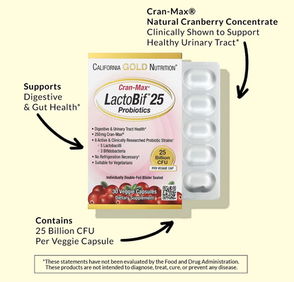 California Gold Nutrition
CranMax® LactoBif Probiotics 25 Billion CFU (30Veggie Capsules)