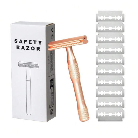 Razor With 10 Double Edge Blades Single Blade Metal Razors For Women & Men For Body & Face & Reusable Shaver (1pc)