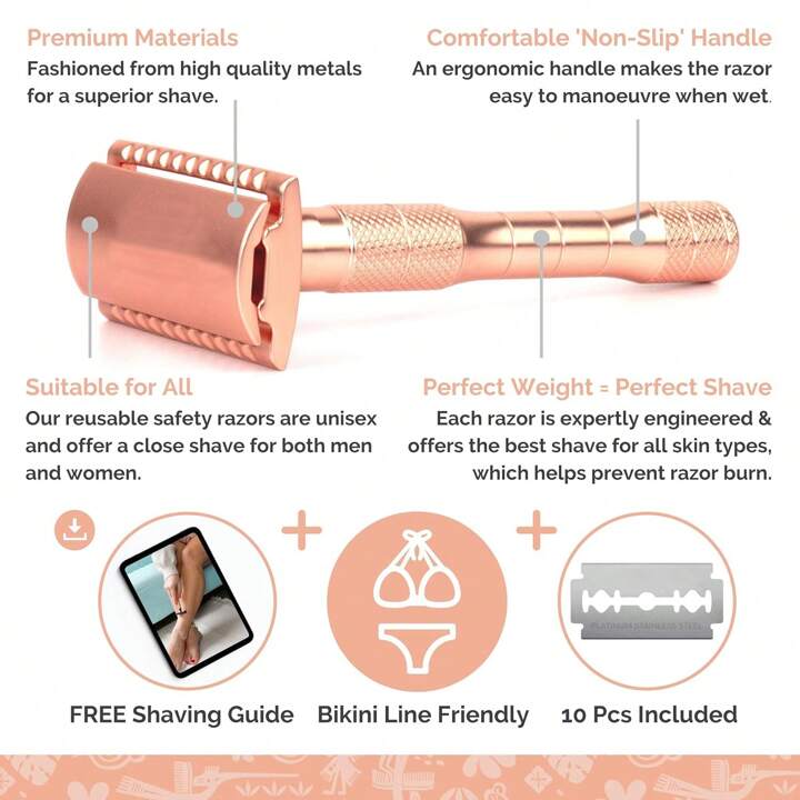 Razor With 10 Double Edge Blades Single Blade Metal Razors For Women & Men For Body & Face & Reusable Shaver (1pc)